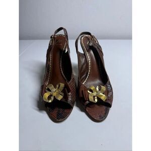 J Vincent Brown Snakeskin Print Slingback Peep Toe Heels Size 8.5